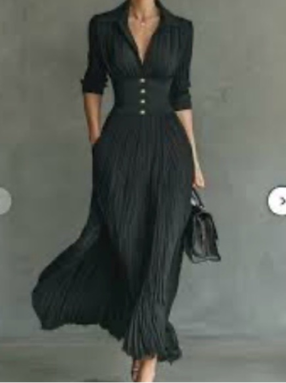 MODESEES Black Long-Sleeve Pleated Maxi Dress with Gold Button Waist Size Medium - Picture 9 of 10